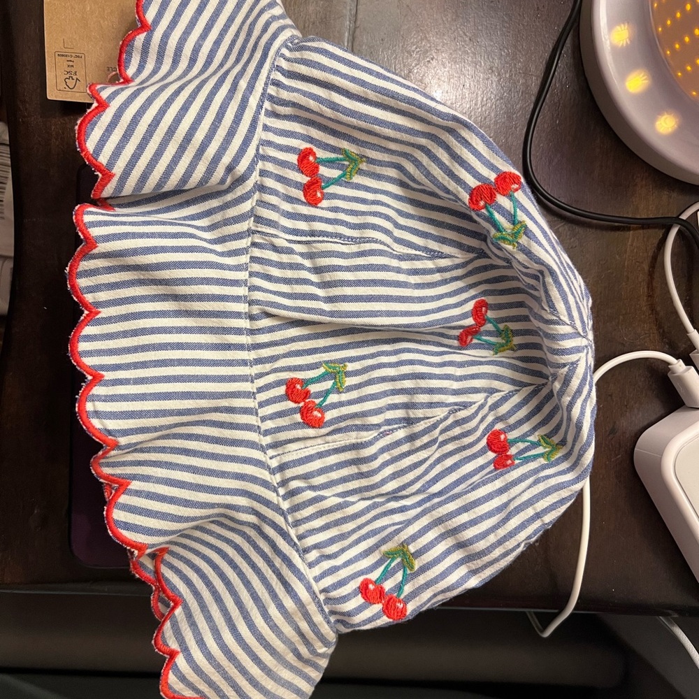 Boden Blue Striped Hat with Cherry Detail